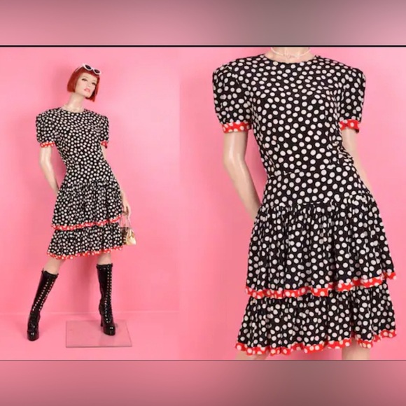 Albert Nipon Vintage 80s Polka Dot Silk Pleated Tiered Midi Dress Size 10 Womens - Picture 1 of 12